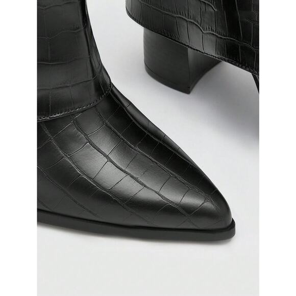 Women's Croc-Embossed Mid-Calf Boots  Chic, Stylish, Pointed Toe & Block Heel 6 - Picture 3 of 6